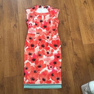 Coral Red Floral Midi Sheath Dress